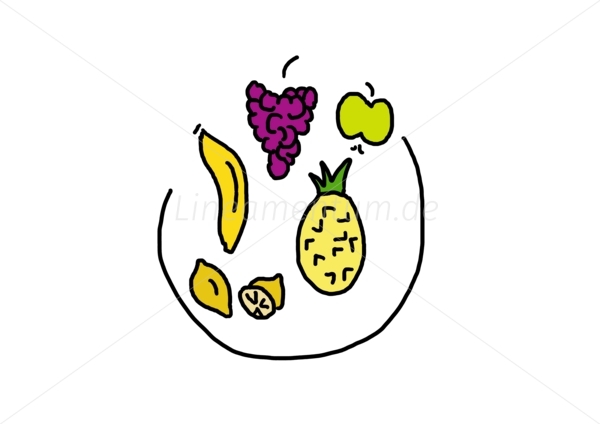 Obstteller oder Schale mit Obst mit Ananas Trauben Zitrone Apfel