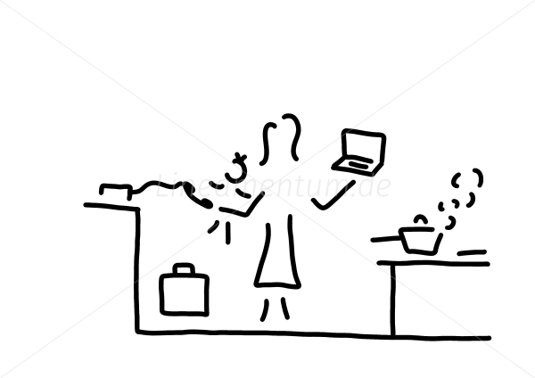 mutter mit kind auf arm kocht arbeitend